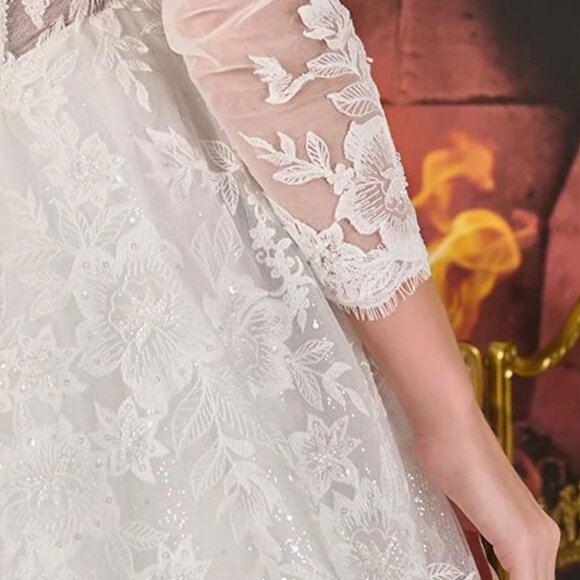 New Off White Floral Wedding Mesh Dress w/ Lace Up Back & V-Neckline GL3819 - Picture 13 of 14